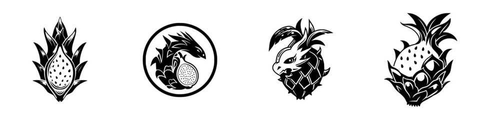 Mythical Beasts with Tropical Fruits and Flowers, minimalist monochrome icons