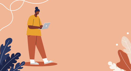 Young person using a laptop for remote work or online learning, embodying a modern, connected lifestyle. Ideal for tech, business, or education concepts.