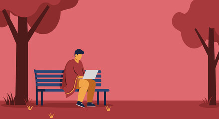 Man working on laptop on a park bench under trees, illustrating remote work, flexible lifestyle, and digital connectivity in a natural setting.