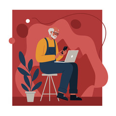 Elderly man with glasses sitting, using a smartphone and laptop. Represents technology adoption, communication, learning, and modern senior lifestyle.