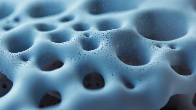 Abstract macro shot of porous blue sponge texture with organic holes and detailed surface pattern showing unique natural structural design