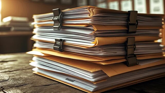Stack of organized paper documents in brown folders secured with black clips placed on wooden desk in office with warm natural lighting