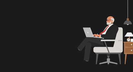 Senior businessman works on a laptop in a modern office or home setting, symbolizing professionalism, experience, and remote work efficiency.