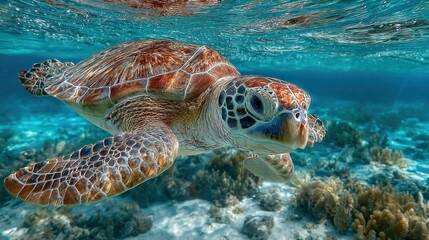 Fototapeta premium Underwater majesty: A sea turtle gracefully navigating vibrant coral reefs