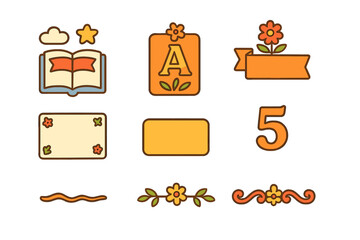 Children's Book Design Elements. Flat vector mini-illustrations book title elements in colors children's illustrations: title page