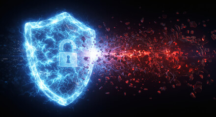 Digital security shield with a padlock symbol under attack, representing data protection and cybersecurity threats