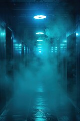 Blue emergency lights dimly pierce a misty cryogenic facility. Hibernation pods line the blurred corridor, reflecting on the wet floor, evoking a chilling psychological horror.
