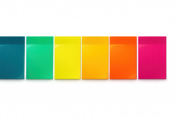 Six colorful sticky notes forming a vibrant rainbow gradient on a transparent background, ideal for educational or creative projects