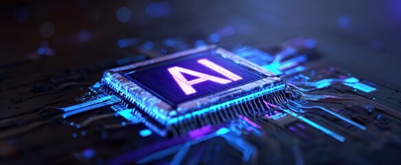 The AI chip glowing on a futuristic circuit board with neon light effects