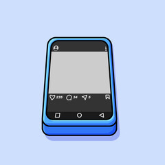 Illustration of smartphone displaying social media interface with likes, comments, and notifications in flat design style.