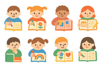 Children's Diary Icon Set. Flat vector mini-illustrations journaling activities in colors children's illustrations: writing,
