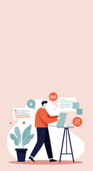 Man in an office setting interacting with a laptop, surrounded by digital data and communication elements, illustrating modern business solutions and online productivity.