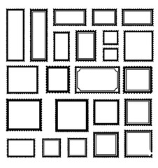 Set of blank rectangle and square postage stamp vector icons. Postage stamp set. Mockup postage stamps. Blank postage stamp borders templates