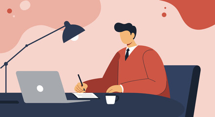 Professional man focused on tasks at his desk with a laptop and pen, illustrating productivity, remote work, or business strategy.