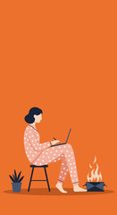 Woman in polka dot pajamas working comfortably on a laptop at home, embodying remote work and cozy productivity by a warm fire.