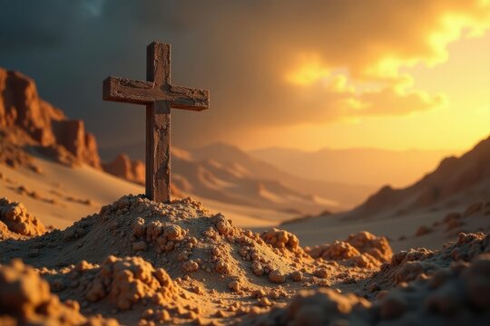 Ash Wednesday Golgotha scene Cross drawn in sand , Background, Sketch, Faith