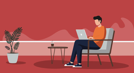 Man working remotely on a laptop in a relaxed modern setting, ideal for concepts of freelance work, online learning, and digital lifestyle.