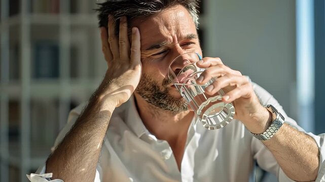 Man drinking water, feeling stressed