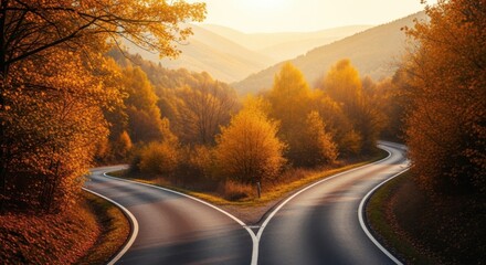 Scenic Winding Mountain Road Surrounded by Autumn Foliage in Warm Golden Light
