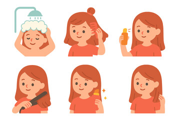 Children's Hair Styling Icons. Flat vector mini-illustrations hair styling routine in colors children's illustrations: washing