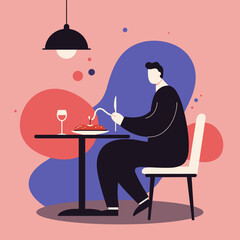 Stylized illustration of a man enjoying a pasta meal and wine alone at a restaurant table. Represents dining, leisure, and modern lifestyle concepts for food and hospitality businesses.