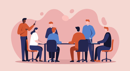 Diverse team collaborating in a modern office meeting, discussing strategies and ideas. Ideal for business, corporate training, and professional development concepts.