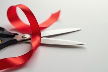 Close-up of sharp scissors cutting vibrant red ribbon, macro photography, macro, detail shot