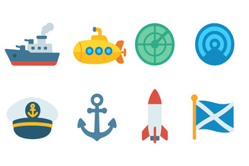 Fototapeta premium Children's Naval Illustrations. Flat vector mini-illustrations naval ships in colors children's illustrations: battleship,