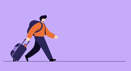 Fototapeta premium Stylized flat illustration of a person walking with a suitcase and backpack, representing a journey, holiday, or business travel.