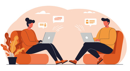 People remotely collaborating and communicating online using laptops. Modern digital lifestyle, freelance work, and virtual team connection concept.