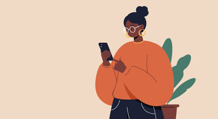 Stylish African American woman focused on her smartphone, connecting online or using an app. Illustrates digital lifestyle and technology.