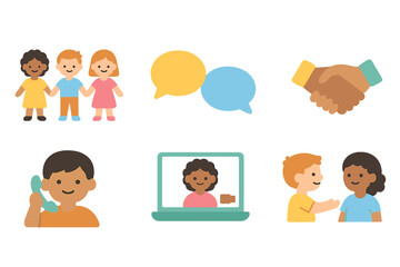 Children's Social Connection Icons. Flat vector mini-illustrations social connection in colors children's illustrations: group of
