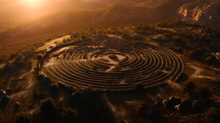 Aerial view of ancient labyrinth stone structure on hilltop at sunset landscape photography travel destination