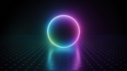 Vibrant neon oval portal glows with electric blue and pink hues on a reflective surface