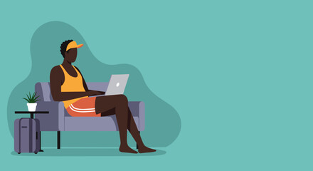 African American man in casual attire working remotely on a laptop from a comfortable sofa, blending travel and business. Ideal for digital nomad concepts, remote work, or vacation productivity.
