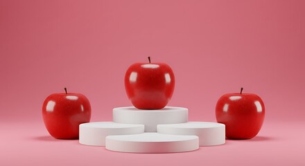 Obraz premium Some red apples displayed on a pink background with cylinder white podiums.