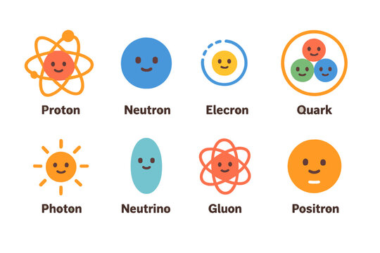Colorful Atomic Icons. Flat vector mini-illustrations atomic particles in colors children's illustrations: proton, neutron,