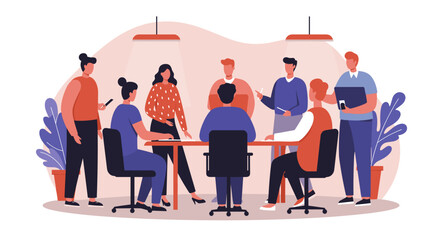 Group of professionals in a vibrant office meeting, brainstorming and working together. Represents collaboration, strategy, and business solutions.