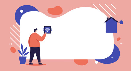 Man uses tablet to control smart home features, symbolizing modern connectivity and automation. Ideal for technology or lifestyle concepts with copy space.