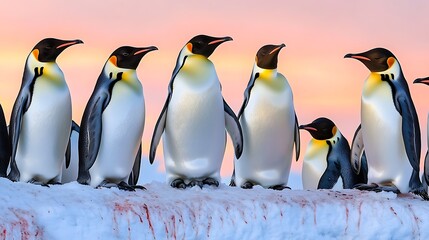 Obraz premium A colony of majestic king penguins stands in the snow-covered landscape of Antarctica, a true display of polar wildlife