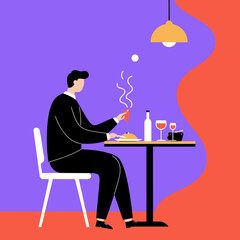 Stylish man enjoys a quiet dinner at a modern restaurant, savoring a meal with wine under warm light. Captures dining experience and leisure.