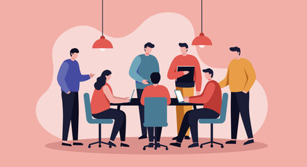 Diverse group of professionals collaborating in a modern office, engaged in a productive business meeting and teamwork.