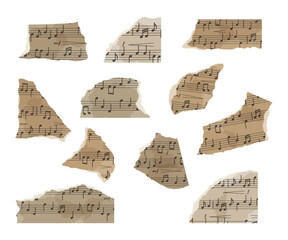 Set of  vintage torn sheet music paper scraps with musical notes, taped fragments, retro aesthetic. Trendy collage elements. Vector illustration
