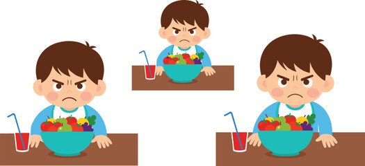 Angry child illustration, cartoon emotion, fruit bowl scene, red drink, blue straw, expressive face, frustration, table setting, kids meal, isolated