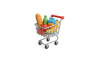 A 3d rendered shopping cart filled with groceries and products isolated on a clean studio backdrop symbolizing online shopping and commerce. transparent background