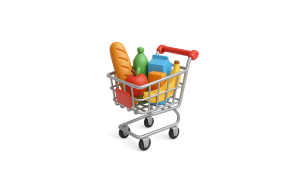 A 3d rendered shopping cart filled with groceries and products isolated on a clean studio backdrop symbolizing online shopping and commerce. transparent background