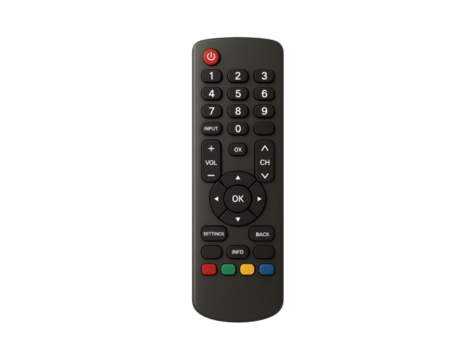 Realistic television remote control with numerous buttons and navigation pad on a for media entertainment and home theater operations transparent background - Powered by Adobe