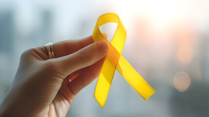 Yellow ribbon held in hand to raise awareness for childhood cancer during the month of september
