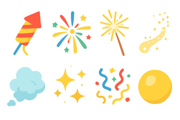 Colorful Fireworks Icons. Flat vector mini-illustrations fireworks explosion in colors children's illustrations: rocket firework,