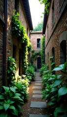 Fototapeta premium Overgrown alleyway, crumbling brick buildings, post-apocalyptic, city, weathered